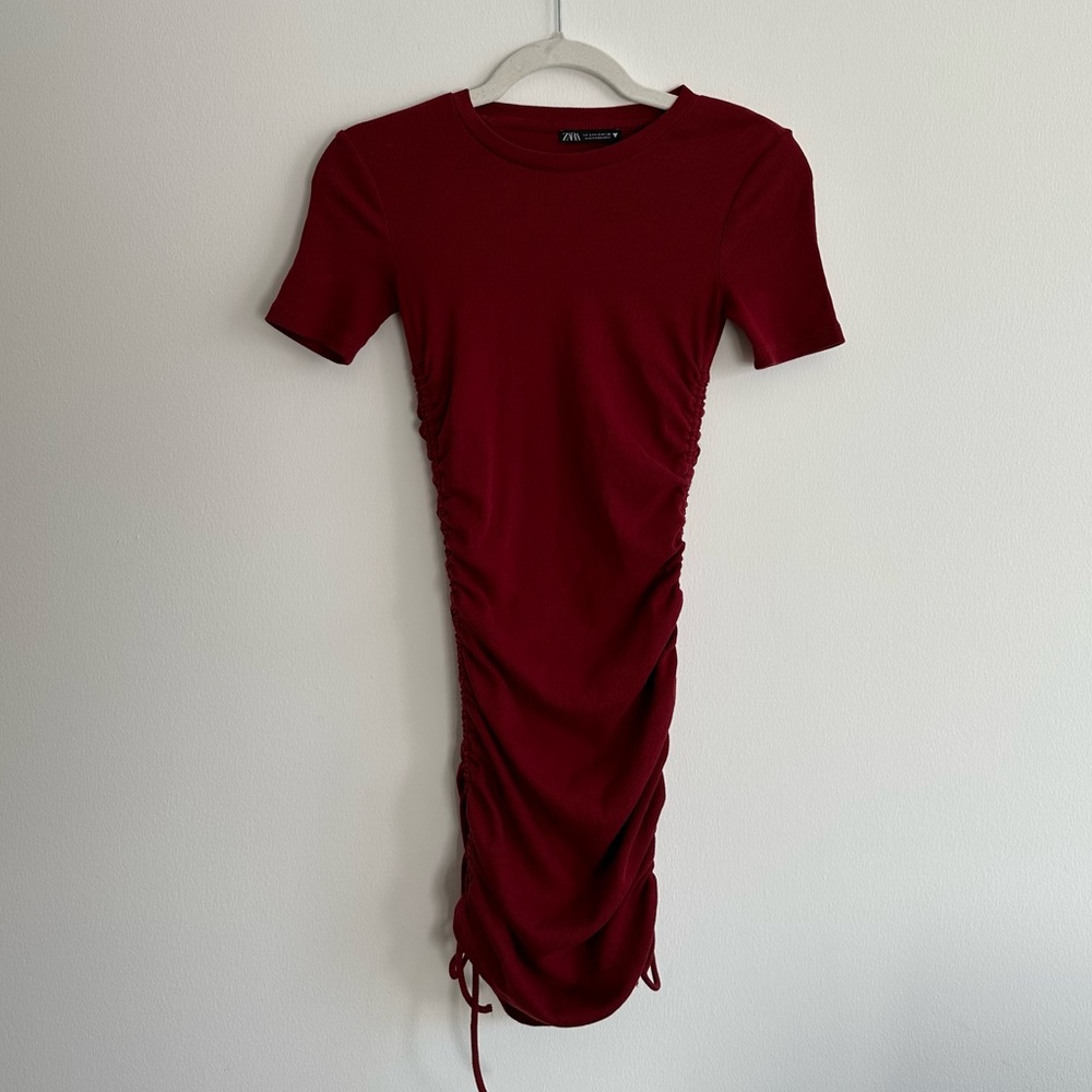Zara - Ribbed Bodycon Stretchy Mini Dress with Ties | Maroon | Size Small